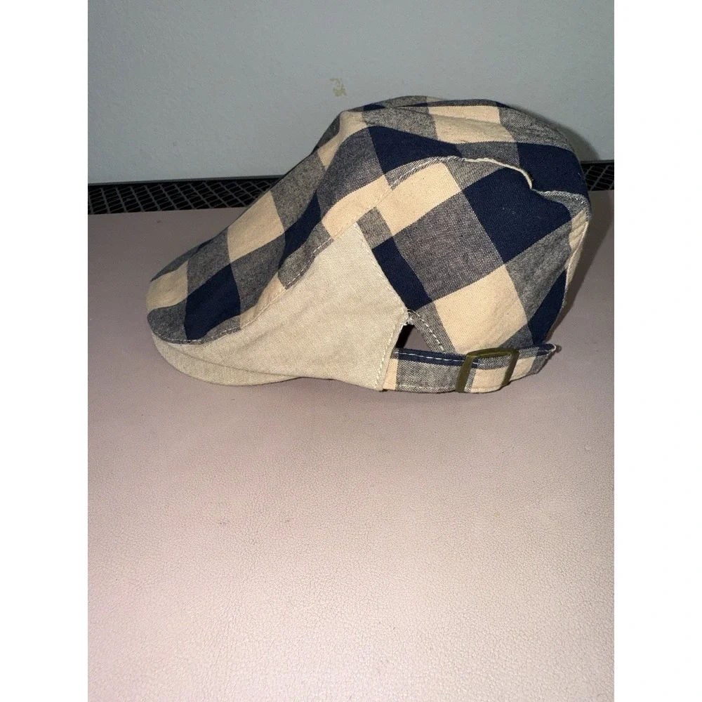 Blue Cream Plaid Newsboy Flat Cap Adjustable Cotton Ivy Driving Hat Unisex‎
